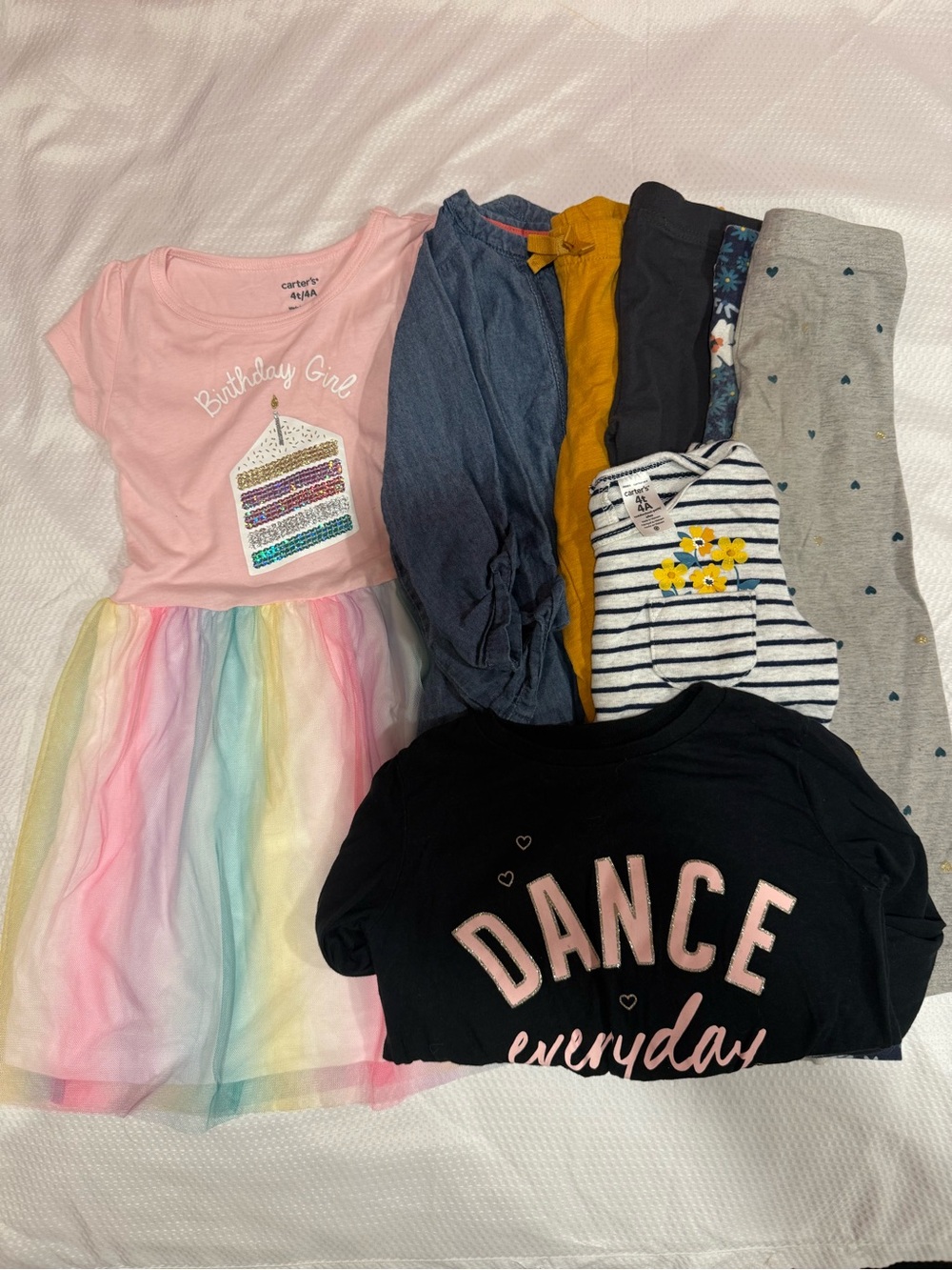 Carter’s Girls 4T Clothing Lot Rainbow Dress, Chambray Shirt, Leggings +